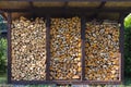 They prepare firewood for heating in winter. Firewood is neatly stacked under the roof of the shed for heating. Royalty Free Stock Photo