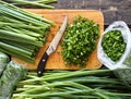 We prepare for freezing green onion leaves for use in winter.Kitchen background with the process of cutting and packing onions in