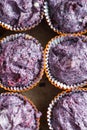 Prepare gluten free blueberries muffin. Raw lilac dough in baking tins Royalty Free Stock Photo