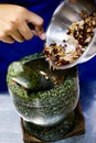 Prepare Ingredient Inside The Stone Mortar, ingredients and Paste with mortar Thaifood Royalty Free Stock Photo