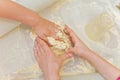 Prepare meal food. modelling dough in a hands Royalty Free Stock Photo