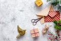 Prepare new year and christmas 2018 presents in boxes and envelopes on stone background top veiw mockup Royalty Free Stock Photo