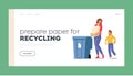 Prepare Paper for Recycling Landing Page Template. Mother and Son Throw Garbage into Containers for Collecting Litter