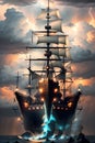 The Magnificent Panorama Of A Large Sailboat In A Stormy Sunset Over The Sea. AI Generated