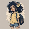 Curly-Silky Charmer: Detailed Cartoon Illustration of an Adorable Tan Girl with a Backpack