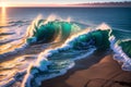 A Dazzling Spectacle of Towering Surf Waves, Intertwined with the Vibrant Colors of Sunset. AI generated