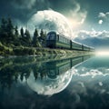 Train through a surreal and dreamlike landscape reflecting on calm water