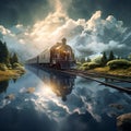 Train through a surreal and dreamlike landscape reflecting on calm water