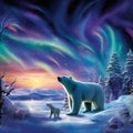 Majestic display of nature's beauty with polar bears and penguins beneath the Arctic Aurora