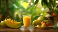 vibrant mango juice on a woodren table