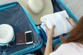 Prepare your luggage for travel concept. Clothing and accessories to prepare for vacation