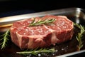 Prepared Angus leg steak with rosemary on steel pan, closeup for culinary delight Royalty Free Stock Photo