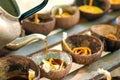 Prepared candle and old coconut shell for Loy kratong festival