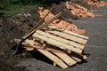 Prepared for construction work bricks lie next to the shovel pal