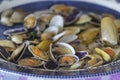 Prepared cooked dish of edible saltwater clams, of the species Donax trunculus, a bivalve in the family Donacidae.