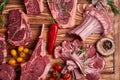 Assorted minced meat ingredients - rack of calf, ribeye, rack of lamb, with garlic, onions, red and yellow tomatoes, red pepper