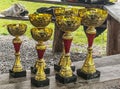 The prepared cups await the winners of local running competitions Royalty Free Stock Photo