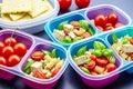 Prepared diet Lunches in lunch boxes: pasta, parmesan, lettuce, cherry tomatoes with basil.