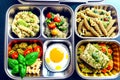 Prepared diet Lunches in lunch boxes: pasta, parmesan, lettuce, cherry tomatoes with basil.