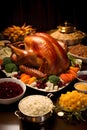 Prepared feast for Thanksgiving roast turkey, vegetables and fruits. Turkey as the main dish of thanksgiving for the harvest Royalty Free Stock Photo
