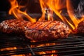 Prepared grilled beef meat barbecue burgers over barbecue fire flame grill Royalty Free Stock Photo