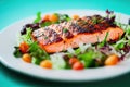 Prepared grilled salmon fish dish with vegetables on plate closeup. Royalty Free Stock Photo