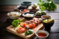 Prepared ingredients for cooking asian food rolls or sushi close up on black background. Selective focus. Asian food Royalty Free Stock Photo