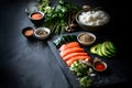 Prepared ingredients for cooking asian food rolls or sushi close up on black background. Selective focus. Asian food Royalty Free Stock Photo