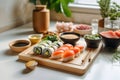 Prepared ingredients for cooking asian food rolls or sushi close up on light kitchen. Selective focus. Asian food Royalty Free Stock Photo