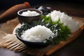 Prepared ingredients for cooking asian food rolls or sushi close up on wooden board. Selective focus. Asian food concept Royalty Free Stock Photo