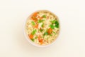 Prepared Instant Noodles with Carrot and Greens on White Background Royalty Free Stock Photo