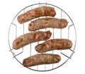 Prepared pork sausages on grille isolated on white