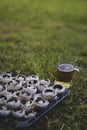 Prepared portabella mushrooms stuffed with cheese and a mug of beer on a lawn