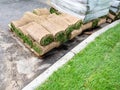 Prepared stacks of turf for laying new lawn