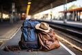 Prepared traveler backpack, hat, map, sunglasses, earphones, smartphone at the train station