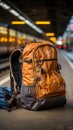 Prepared traveler backpack, hat, map, sunglasses, earphones, smartphone at the train station