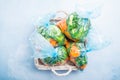 Prepared vegetable bags for freezer. Frozen food, food preservation concept