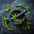 Preparing Aromatic Herbs with Mortar and Pestle Royalty Free Stock Photo