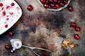 Preparing Black Forest roasted cherry ice cream sandwiches with chocolate chip cookies. Copy space, overhead, top view.