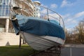 Preparing boats for winter. Storage of boats and yachts. Royalty Free Stock Photo