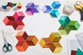 Preparing of bright diamond pieces of fabrics for sewing quilt, sewing and quilting accessories