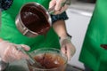 Preparing chocolate sauce for a chocolate cake Royalty Free Stock Photo