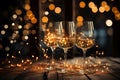 Preparing for Christmas Celebration. Champagne Glasses on Blurred Background