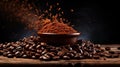 Preparing coffee close up, coffee beans and plate with ground coffee