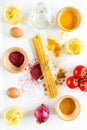 Preparing for cooking italian pasta white background top view Royalty Free Stock Photo