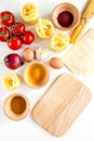 Preparing for cooking italian pasta white background top view mock up Royalty Free Stock Photo