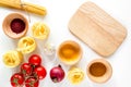Preparing for cooking italian pasta white background top view mock up Royalty Free Stock Photo
