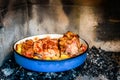 Preparing and cooking pork roast in traditional metal pot Peka.