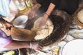Preparing Couscous in M& x27;Hamid El Ghizlane Royalty Free Stock Photo