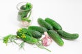 Preparing cucumbers for pickling. Glass jar, cucumber, garlic and dill, horseradish, bay leaf. Selective focus